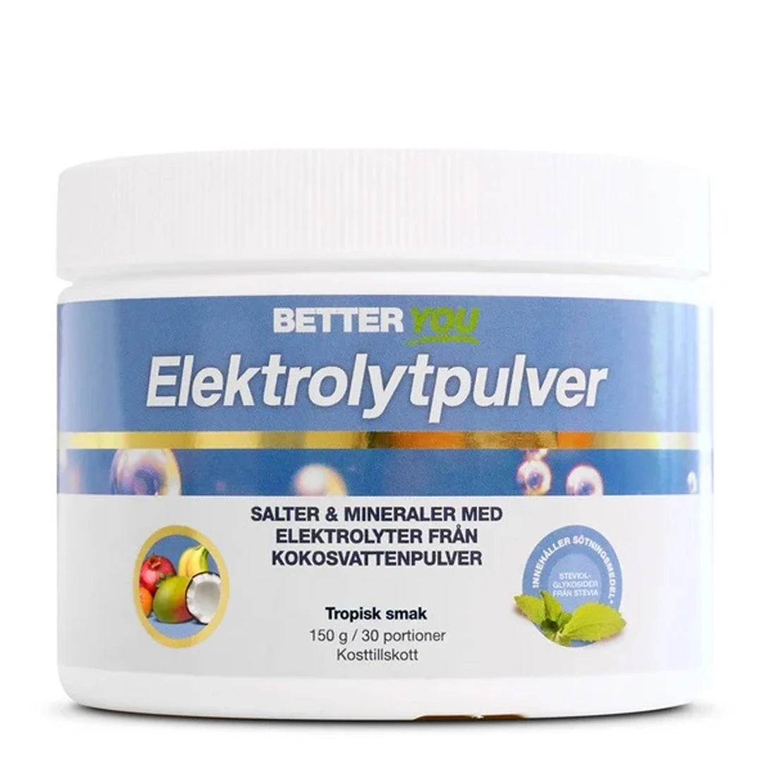 Better You Elektrolyttpulver 150 g i en hvit boks med blå etikett for smaken Tropisk.