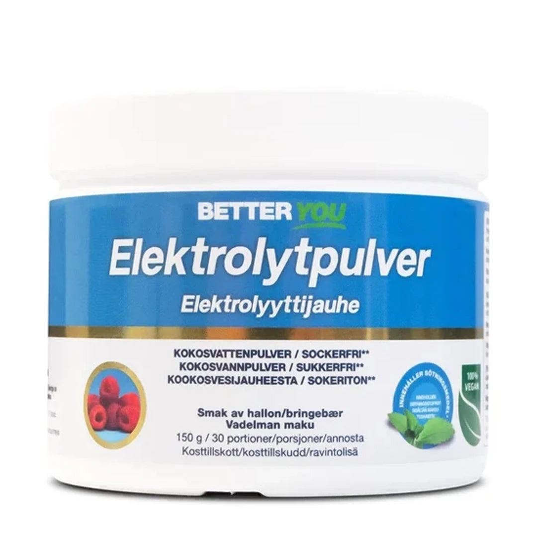 Better You Elektrolyttpulver 150 g i en hvit boks med blå etikett for smaken bringebær., bilde 3 av 3