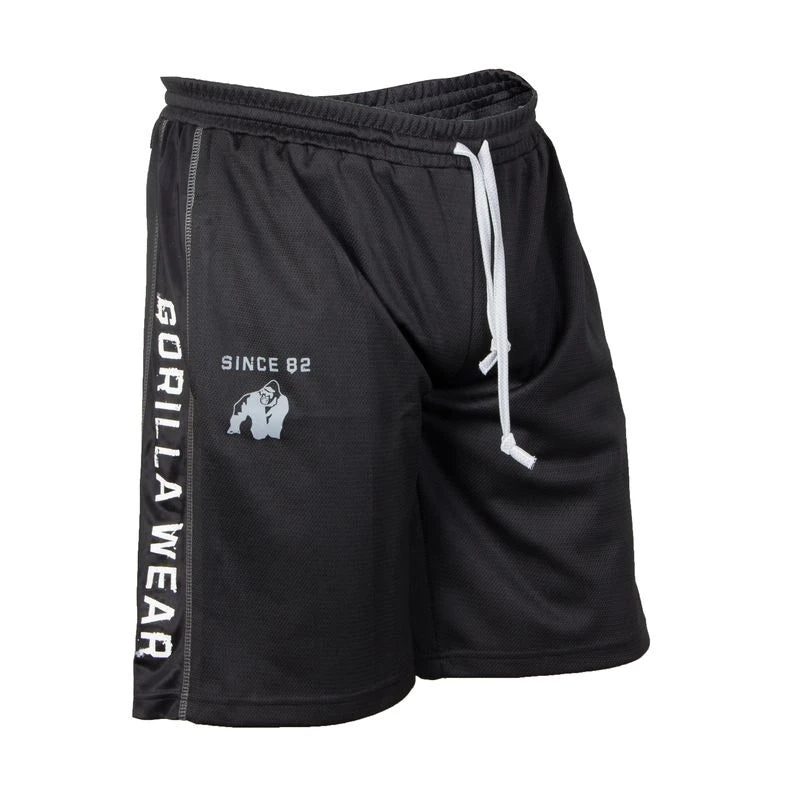 Gorilla Wear Functional Mesh Shorts Svart/Vit er svarte treningsshorts i mesh med hvit snøring og logo., bilde 3 av 4