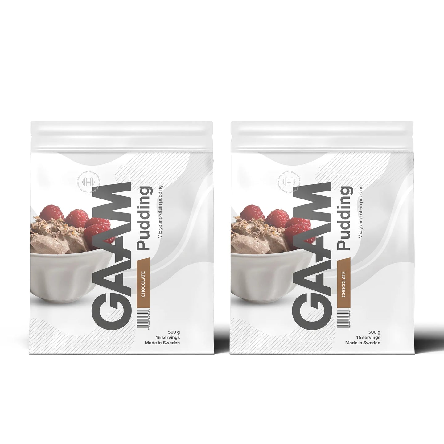 2 x GAAM Pudding 500 g proteinpudding i to hvite poser med brune detaljer for smaken sjokolade.