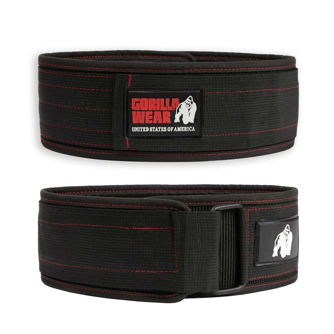 Gorilla Wear 4 Inch Nylon Belt Black/Red er et svart løftebelte i nylon med røde sømmer og logo.