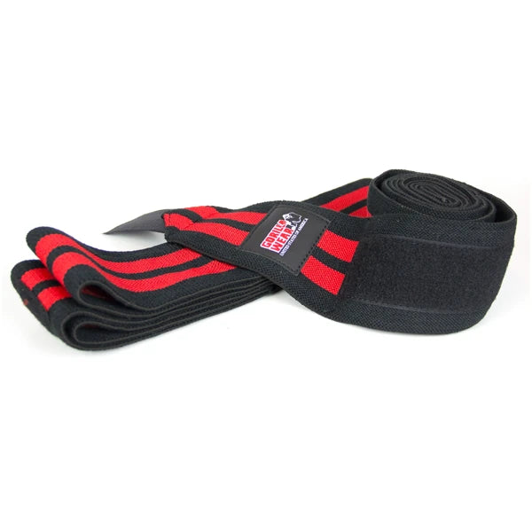 Svarte knebind med røde striper, Gorilla Wear Knee Wraps 2.5, med praktisk borrelås.
