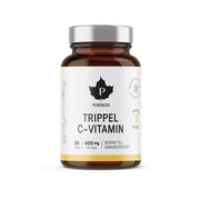Mörkbrun burk med silverlock innehållande Pureness Trippel C-vitamin 60 caps, med en vit etikett och svarta samt gula detaljer.