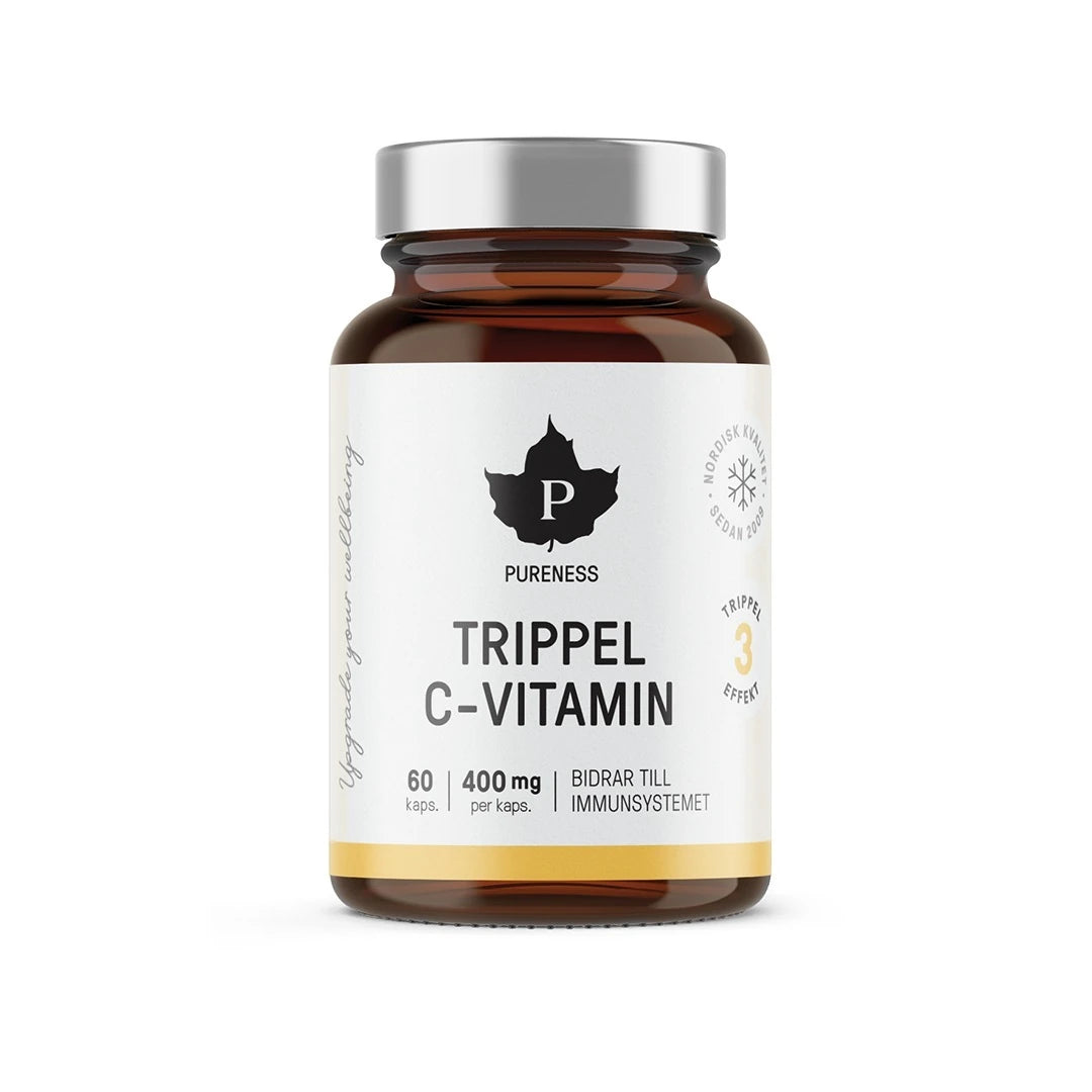 Mørkebrun boks med sølvlokk, hvit etikett og svarte og gule detaljer, med Pureness Trippel C-vitamin 60 caps.