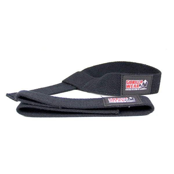 Svarte Gorilla Wear Lifting Straps i slitesterk bomull og neopren med logo.
