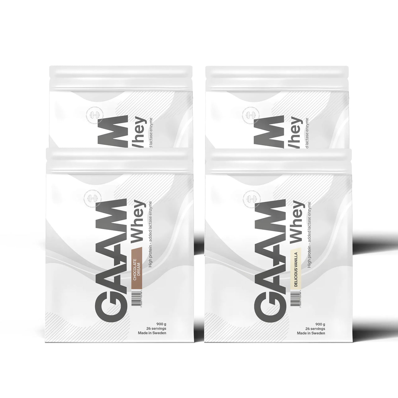 4 x GAAM Whey 900 g proteinpulver i fire hvite poser med smaker som Chocolate Dream og Delicious Vanilla.