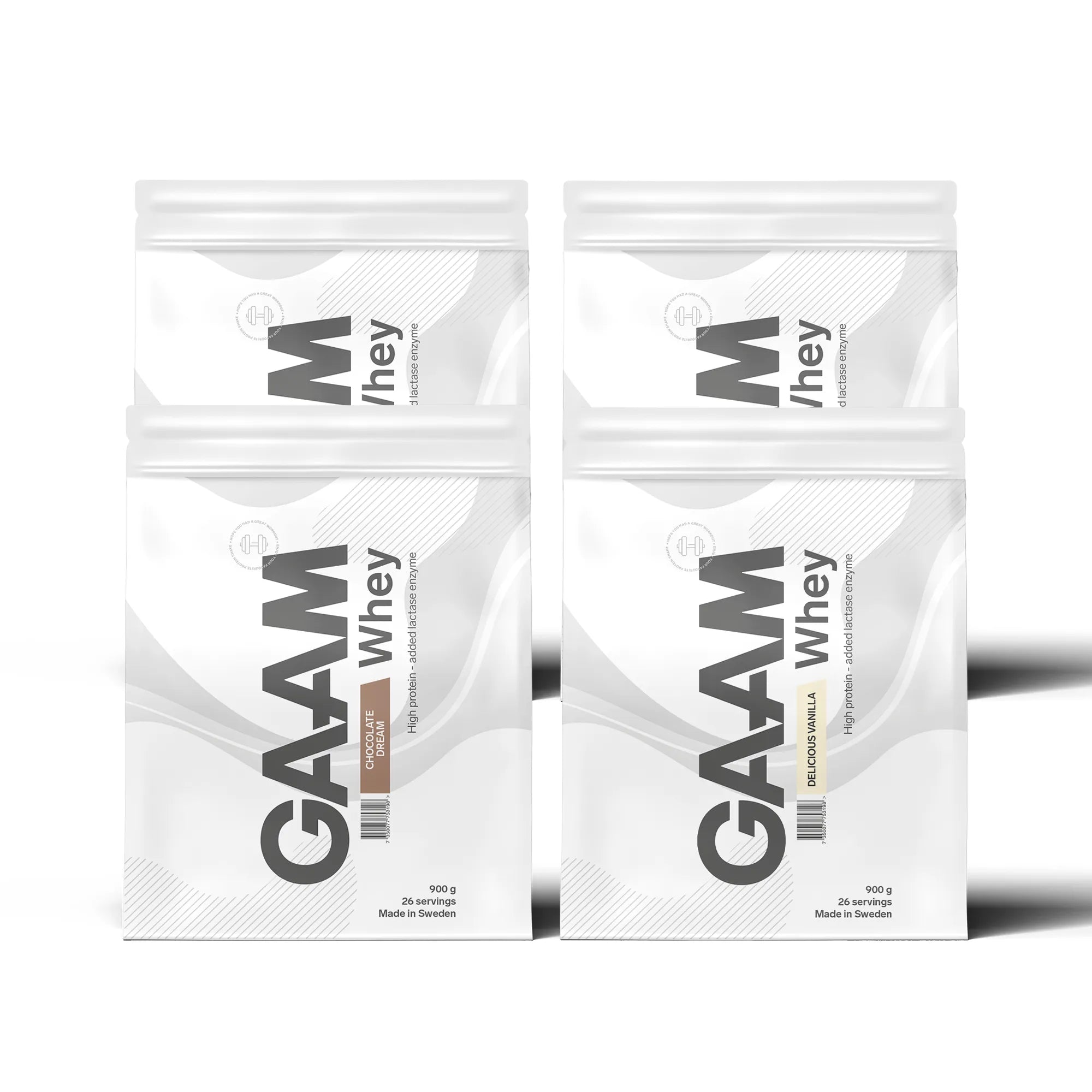 4 x GAAM Whey 900 g proteinpulver i fire hvite poser med smaker som Chocolate Dream og Delicious Vanilla.