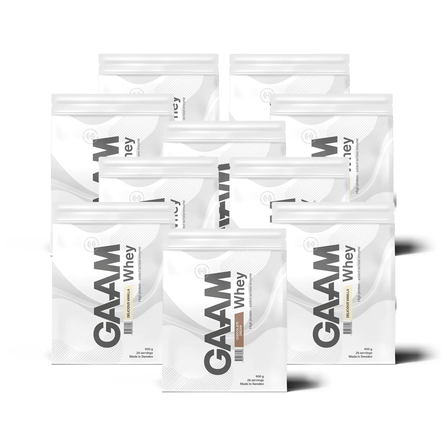 10 x GAAM Whey 900 g proteinpulver i ti hvite poser med grå detaljer for blandede smaker.