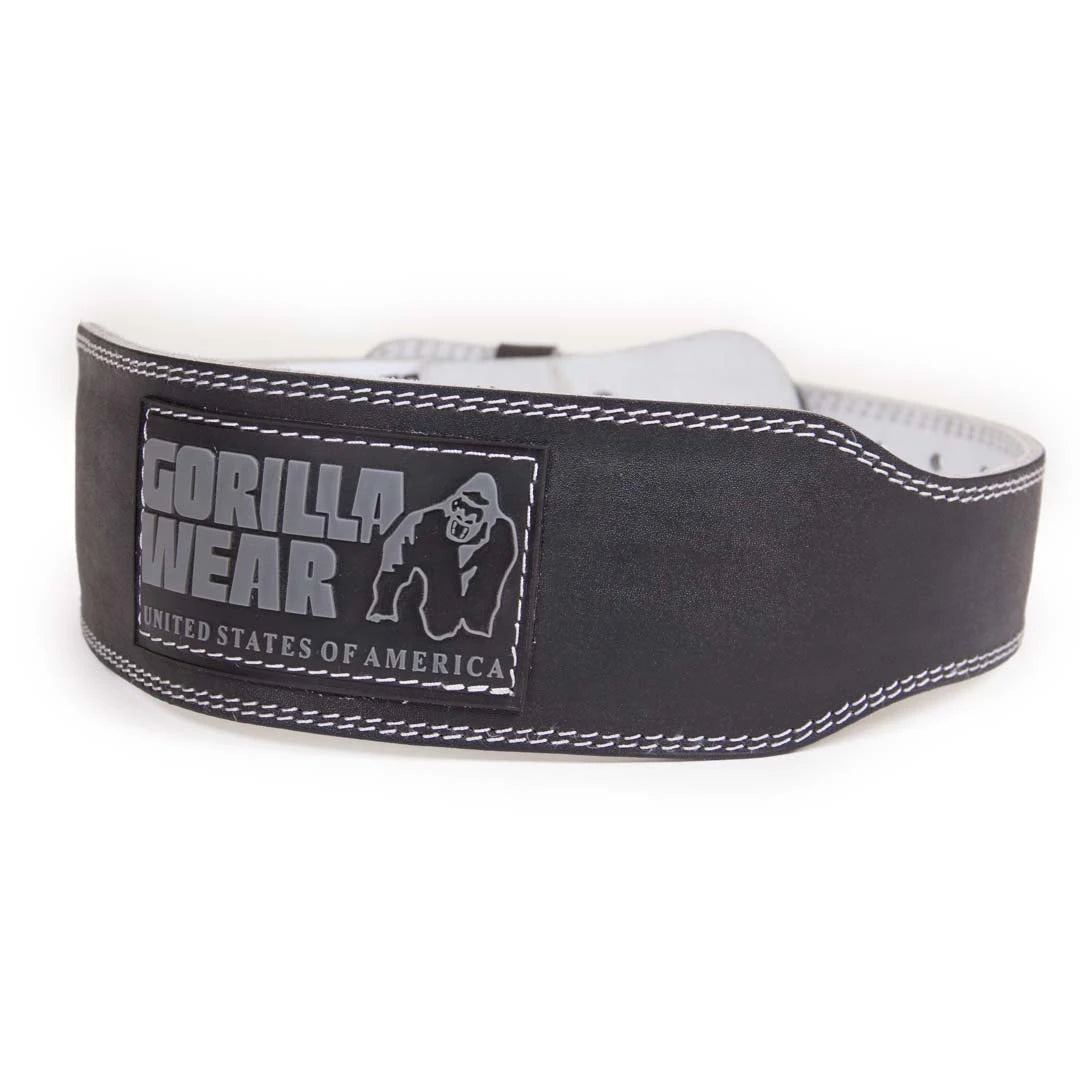 Svart treningsbelte i skinn, Gorilla Wear 4 Inch Padded Leather Belt Black, med hvite sømmer og tydelig logo.