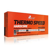 Olimp Thermo Speed Hardcore 120 caps fettförbrännare i en rektangulär orange kartong med svarta och vita textdetaljer.