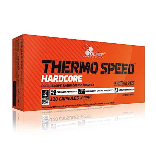 Olimp Thermo Speed Hardcore 120 caps fettforbrenner i en rektangulær oransje kartong med svarte og hvite tekstdetaljer.