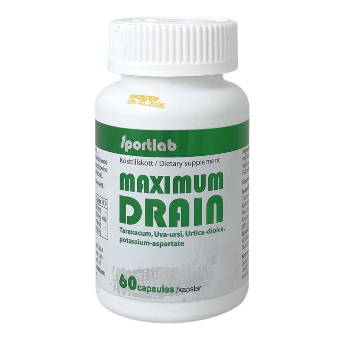 Sportlab Maximum Drain 60 caps, et væskedrivende kosttilskudd i en hvit boks med grønn tekst.