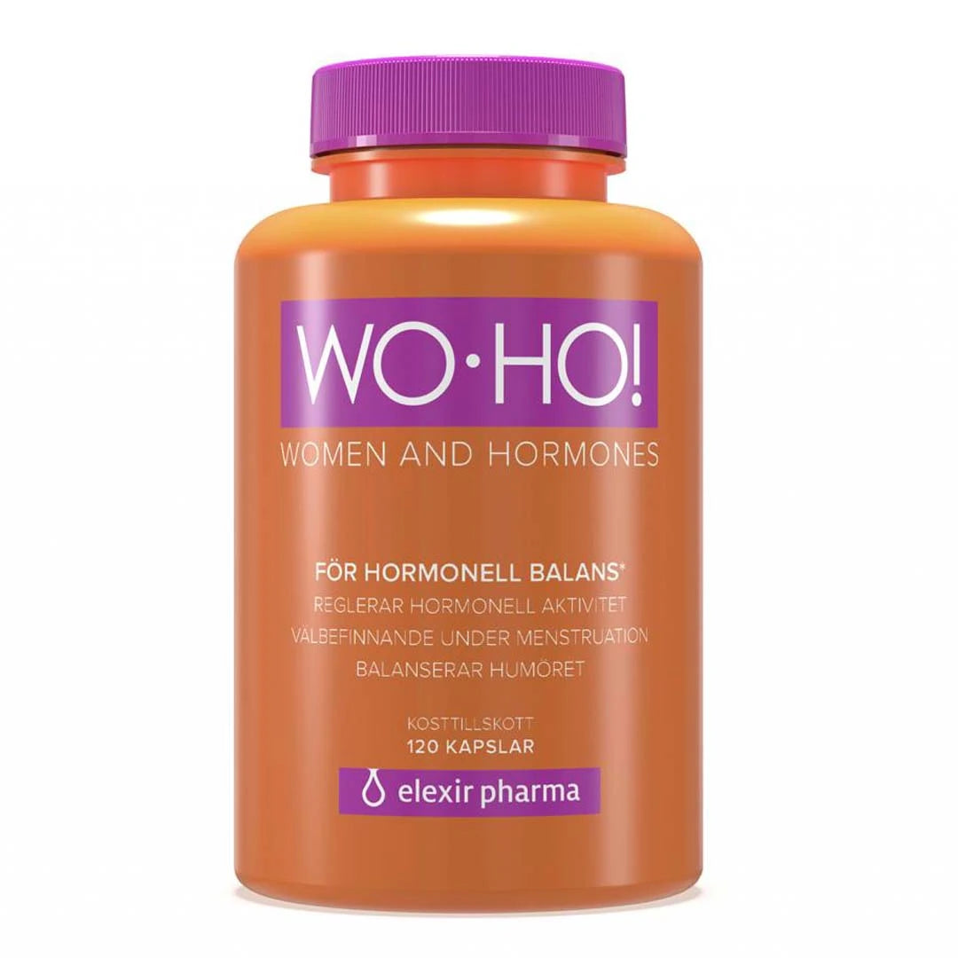 En oransje boks med lilla lokk som inneholder Elexir Pharma WoHo! 120 caps for hormonell balanse hos kvinner.
