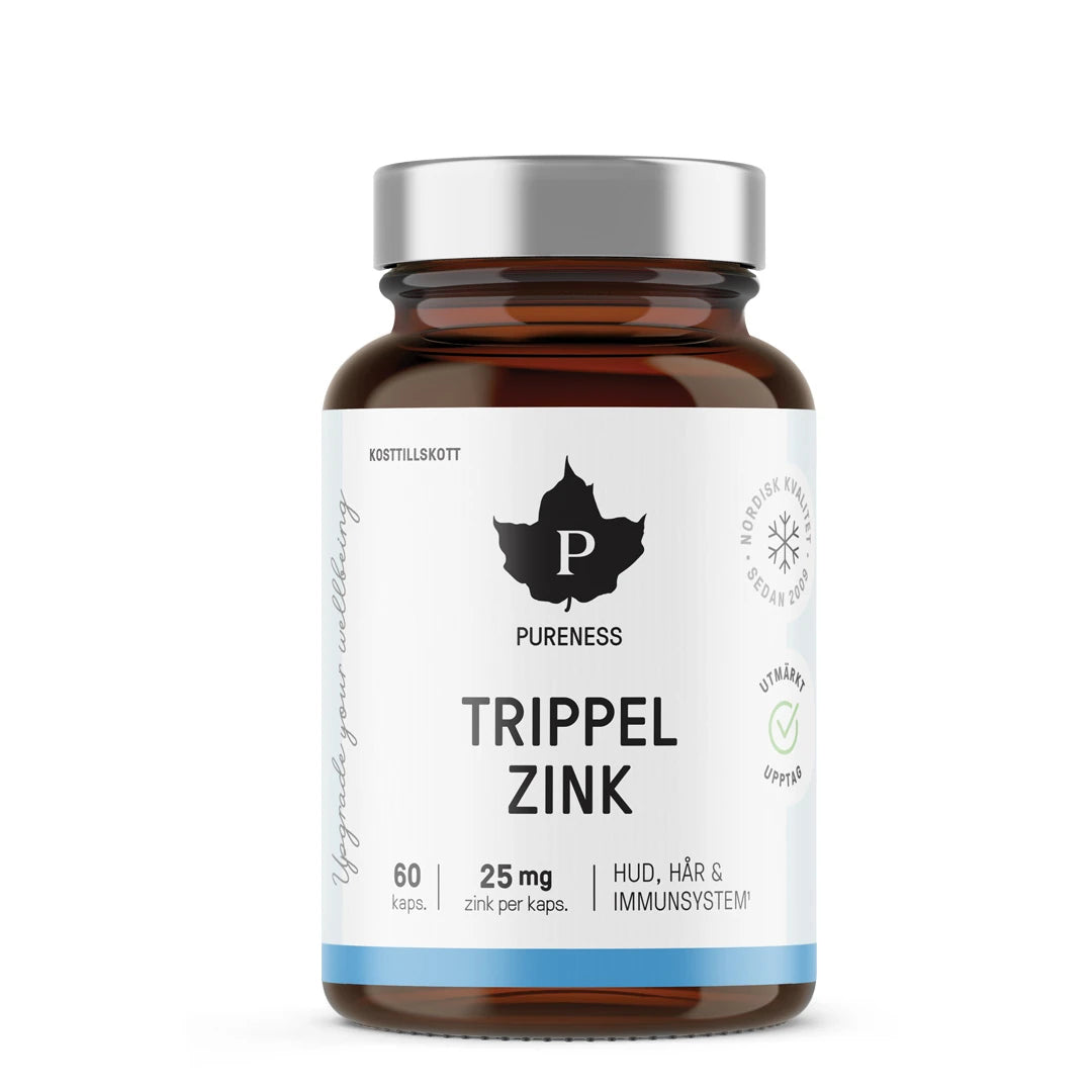 Brun glasskrukke med Pureness Trippel Zink 60 caps kosttilskudd for hud, hår og immunsystem.