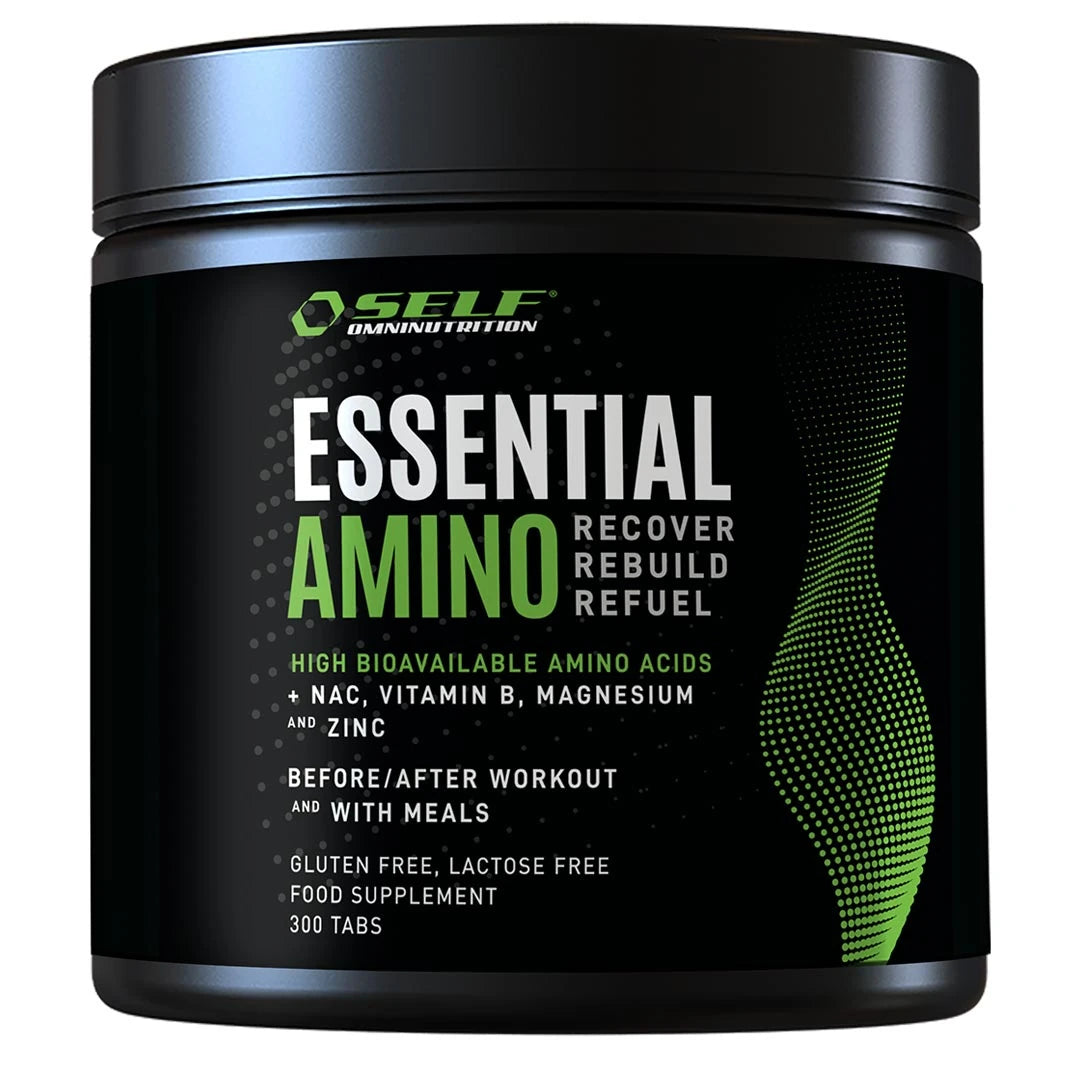 Svart boks med Self Omninutrition Essential Amino 300 tabs aminosyrer i tablettform, med grønn og hvit tekst.