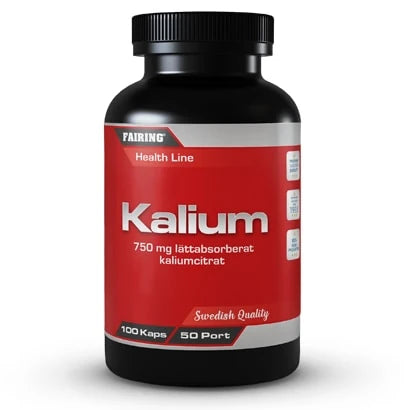 Svart boks med Fairing Kalium 100 caps mineraltilskudd, fremhevet av en rød etikett med sølvdetaljer.