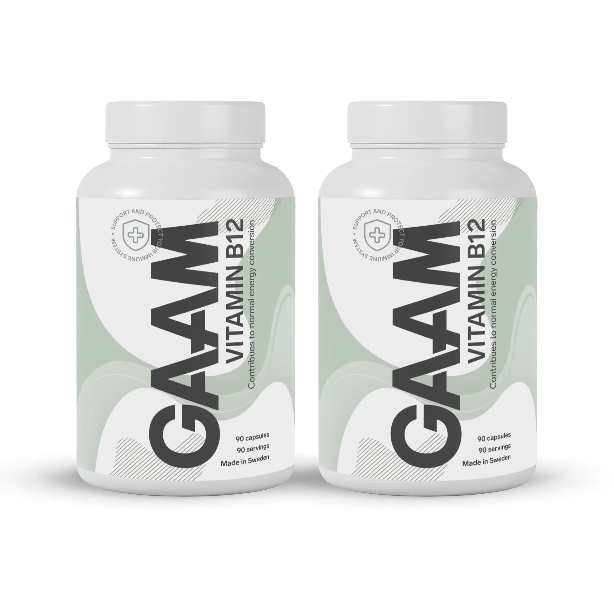 2 x GAAM Vitamin B12 90 caps i to hvite plastbokser med lysegrønne detaljer for et daglig vitamintilskudd.