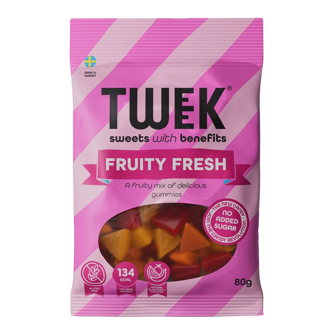 Tweek Sweets 80 g Fruity Fresh godteri, en rosastripete pose med vindu som viser fargerike gelébiter inni.