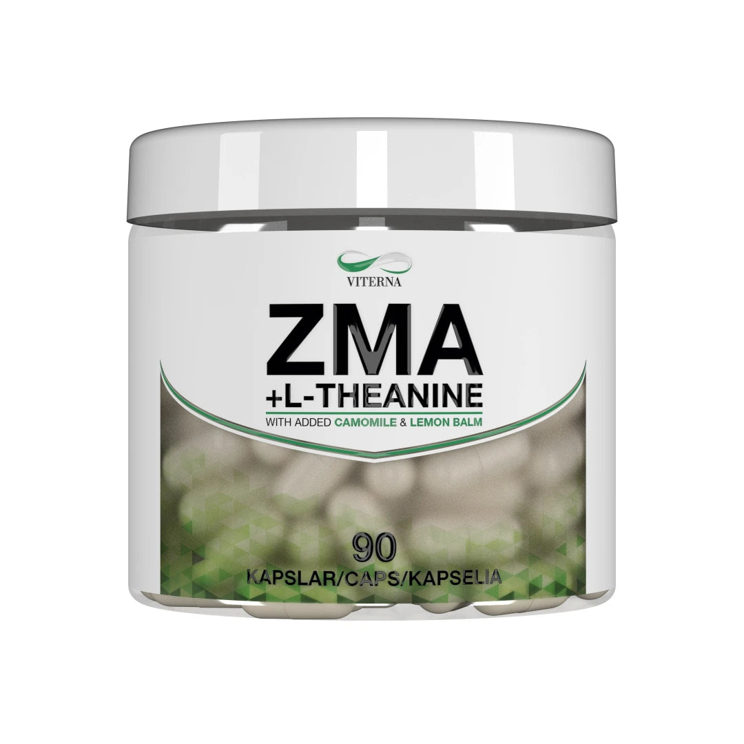 Viterna Vital ZMA + L-Theanine 90cps kosttilskudd i en hvit boks med grønne detaljer.