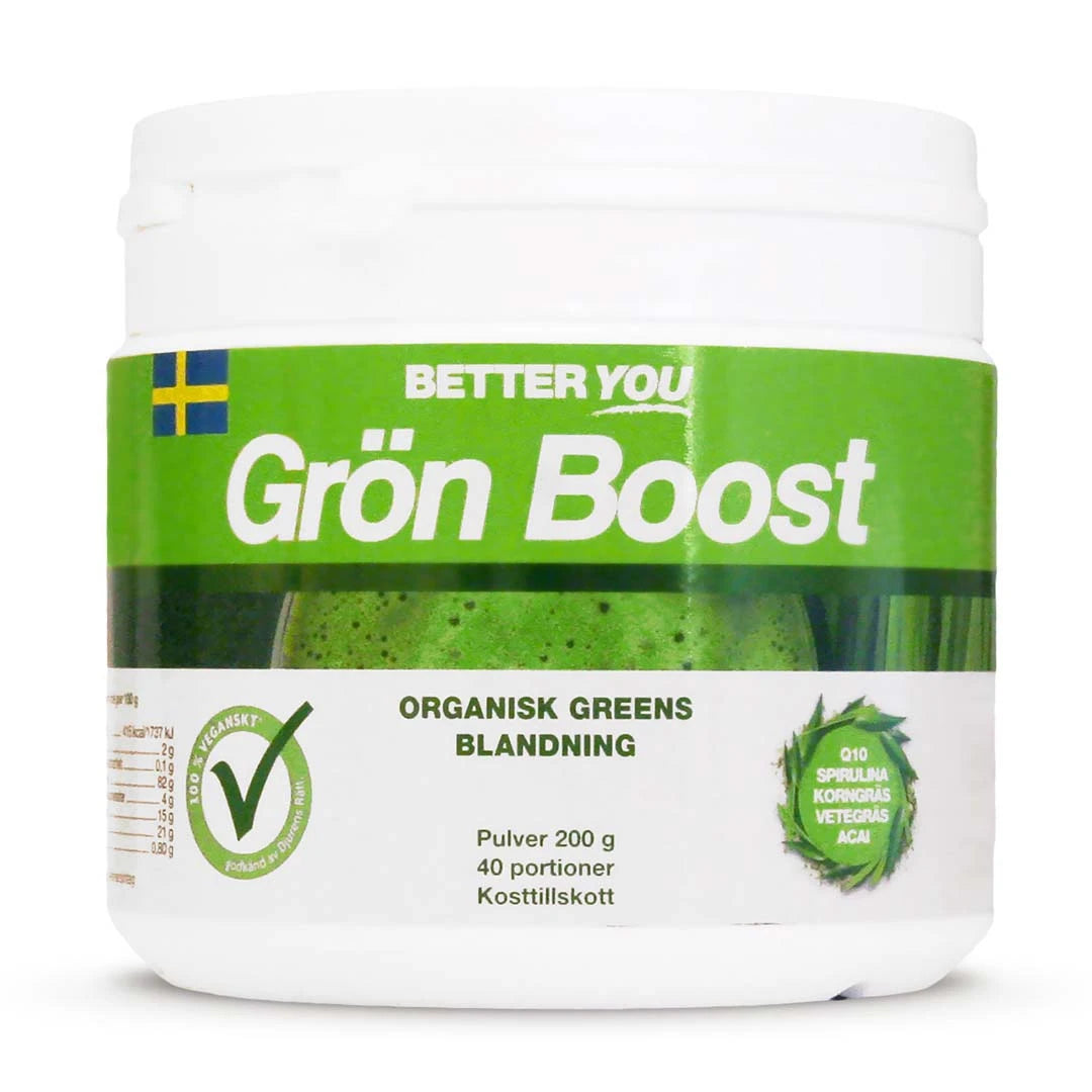 Better You Grön Boost Pulver 200 g, en vegansk greensblanding pakket i en hvit plastboks med grønn etikett.