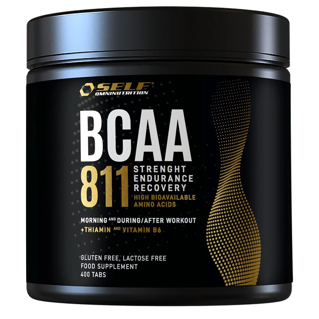 Self Omninutrition Essential BCAA 811 400 tabs pakket i en svart boks med hvite og gylne detaljer.