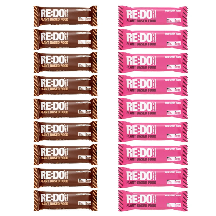 18 x REDO Bar 60 g Mixboks med plantebaserte barer i brune og rosa forpakninger for smakene sjokolade og bringebær., bilde 1 av 1
