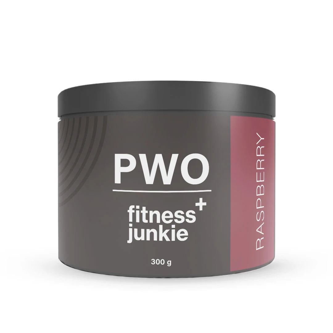 fitnessjunkie PWO 300 g i en mørkegrå boks med rosa detaljer for smaken Raspberry., bilde 2 av 3