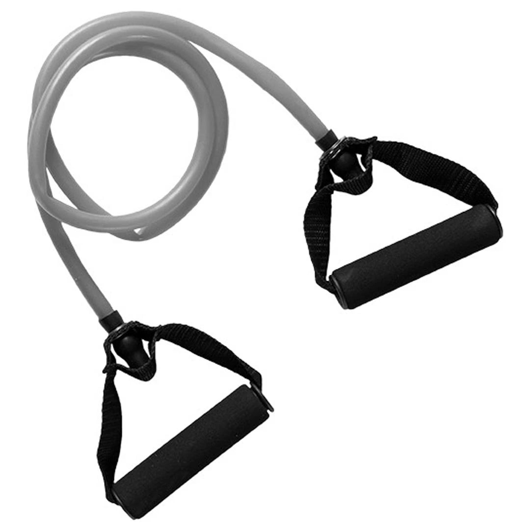 Virtufit Resistance Cable Medium, et grått treningsbånd med svarte polstrede håndtak for fleksibel trening.