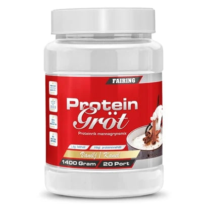 En hvit boks med røde detaljer med Fairing Proteingröt 1.4 kg i smaken vanilje og kanel.