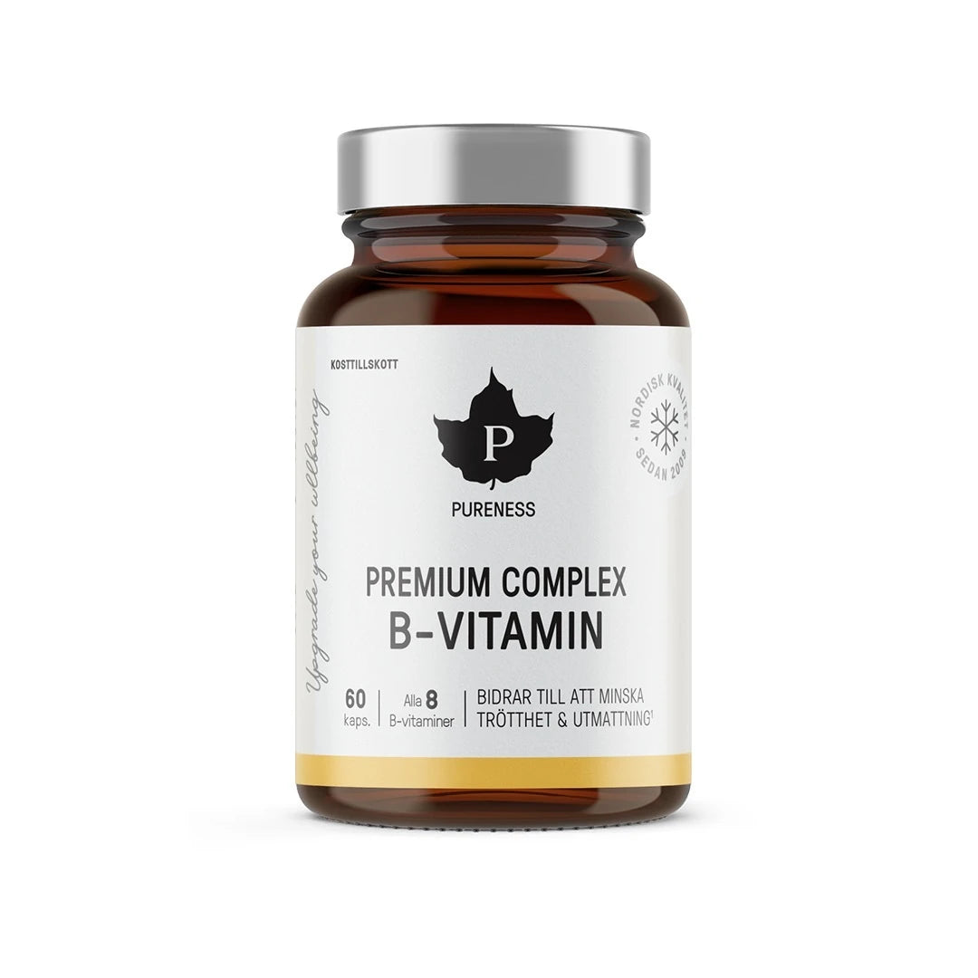 Pureness Premium Complex B-Vitamin 60 caps pakket i en brun boks med sølvlokk og hvit etikett.