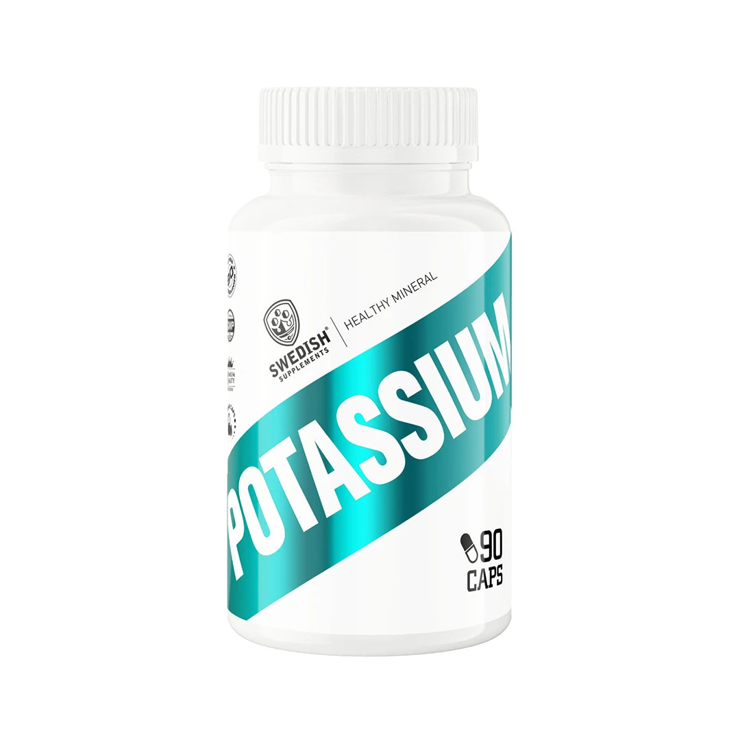 Swedish Supplements Potassium 90 caps i en hvit boks med et turkist bånd og tydelig tekst.