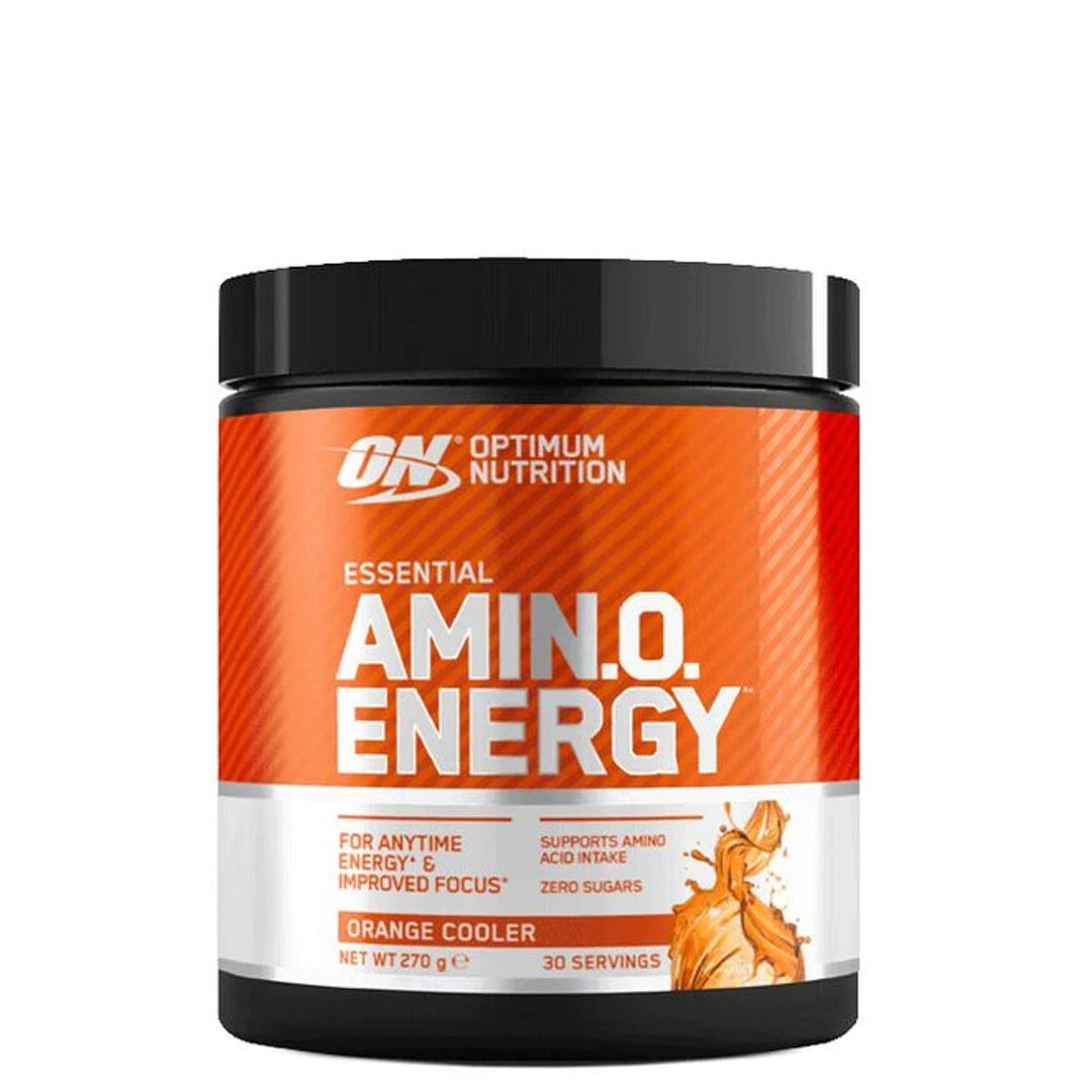 Optimum Nutrition Amino Energy 270 g aminosyrepulver i en svart boks med oransje etikett for smaken Orange Cooler., bilde 1 av 5
