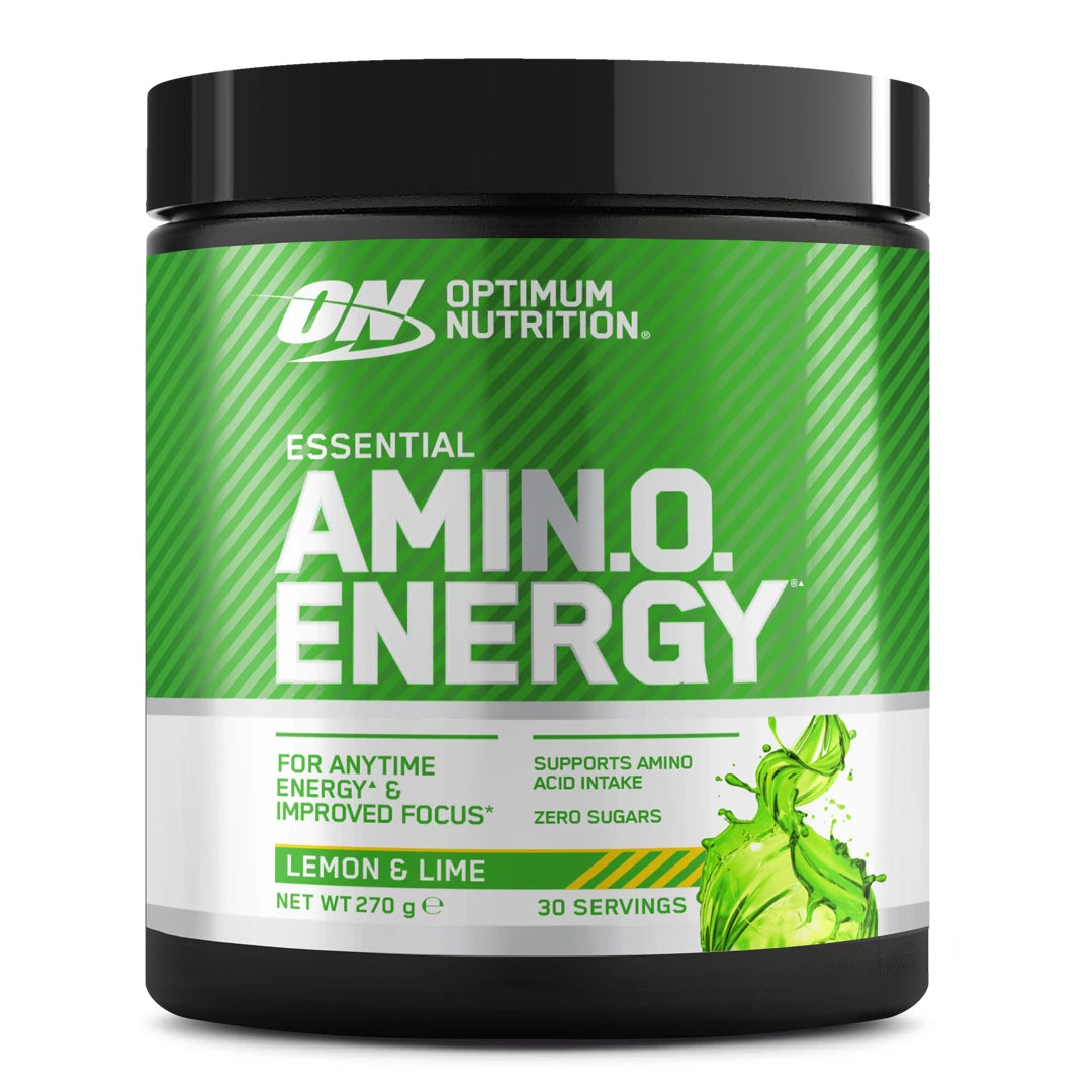 Optimum Nutrition Amino Energy 270 g aminosyrepulver i en svart boks med grønn etikett for smaken Lemon Lime., bilde 2 av 5
