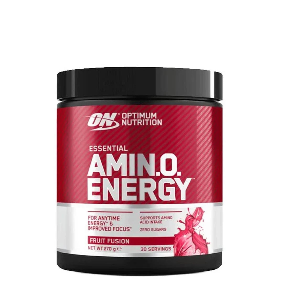 Optimum Nutrition Amino Energy 270 g aminosyrepulver i en svart boks med rød etikett for smaken Fruit Fusion., bilde 3 av 5