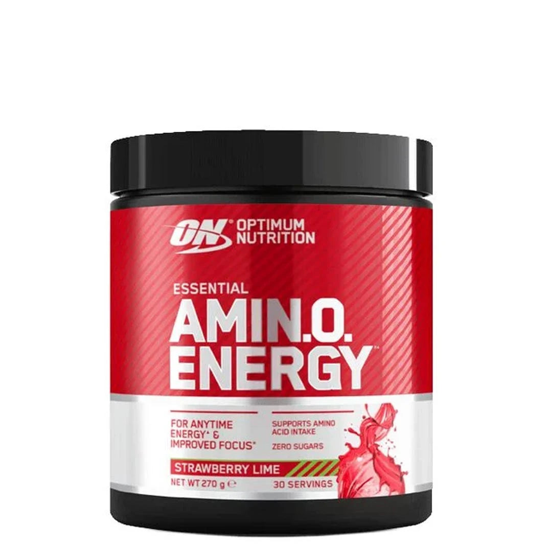 Optimum Nutrition Amino Energy 270 g aminosyrepulver i en svart boks med rød etikett i smaken Strawberry Lime., bilde 4 av 5