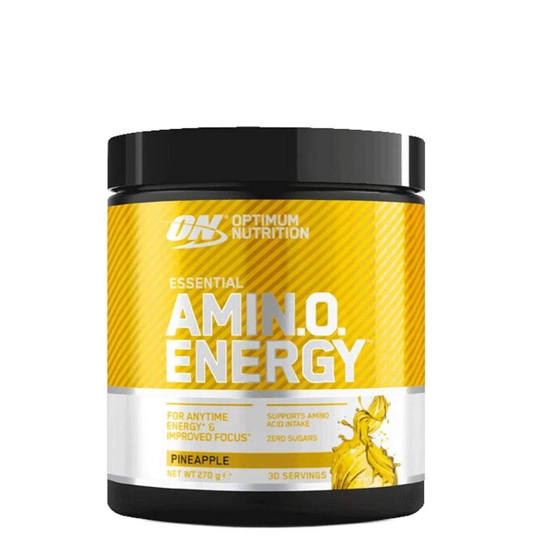 Optimum Nutrition Amino Energy 270 g aminosyrer i en svart boks med gul og hvit etikett for smaken Pineapple., bilde 5 av 5
