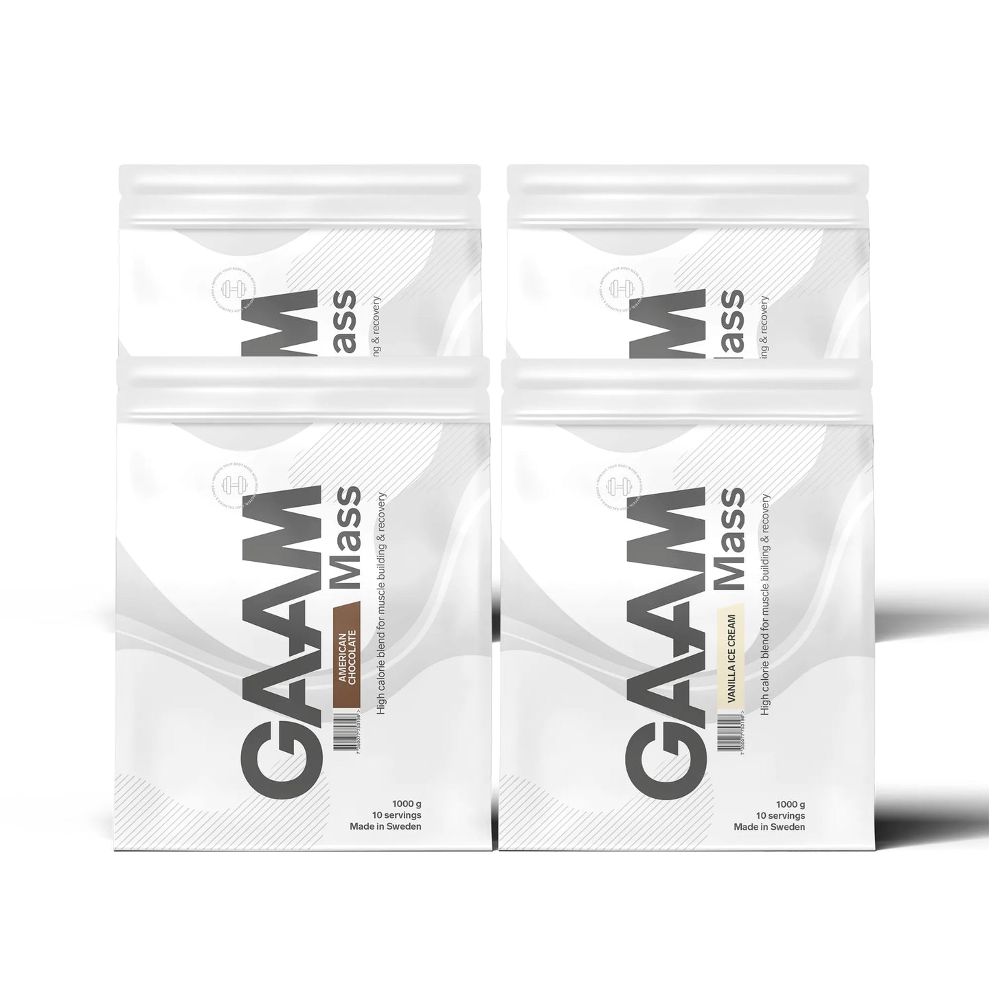 4 x GAAM 100% MASS Premium 1 kg gainer i hvite poser med svarte detaljer for flere ulike smaker.