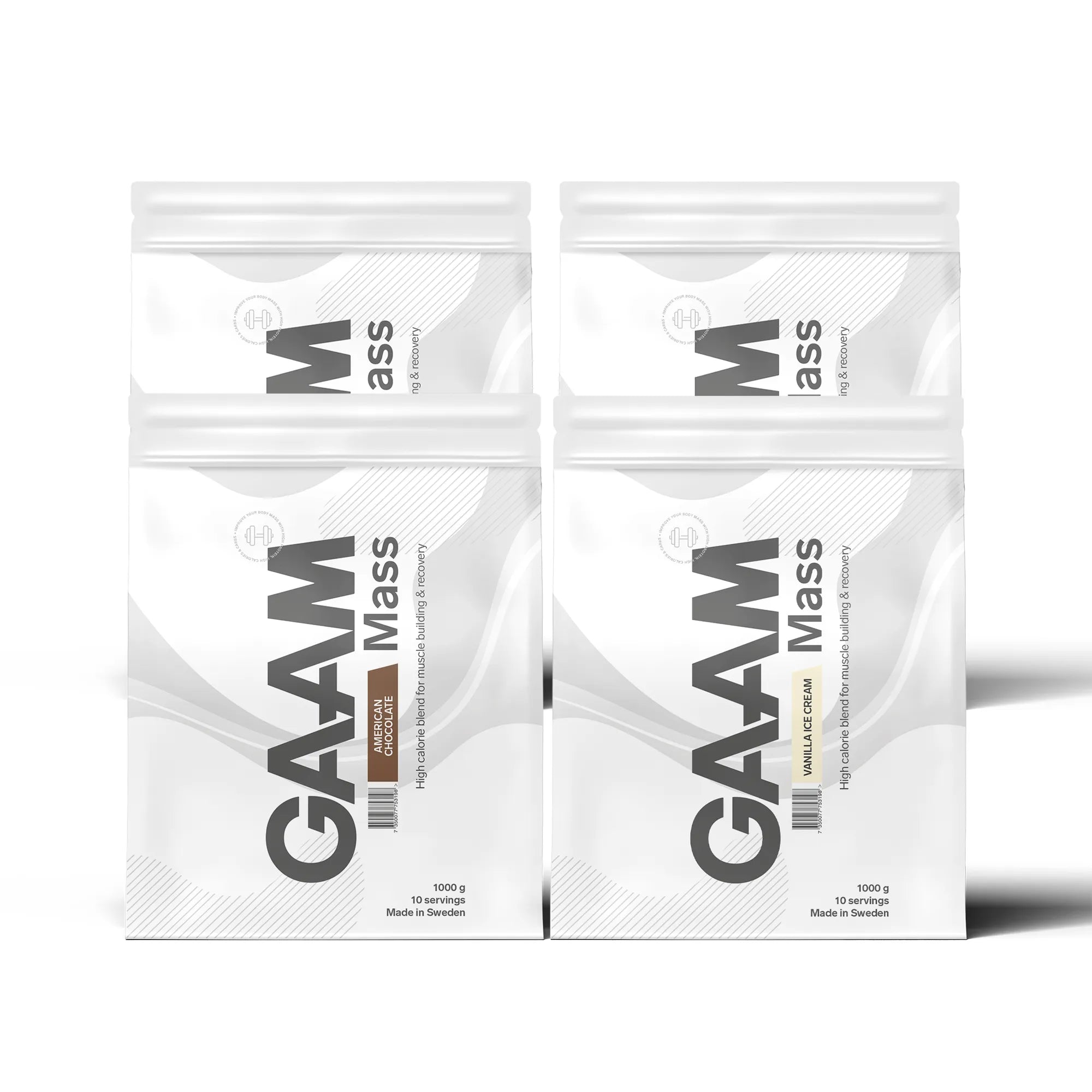4 x GAAM 100% MASS Premium 1 kg gainer i hvite poser med svarte detaljer for flere ulike smaker.