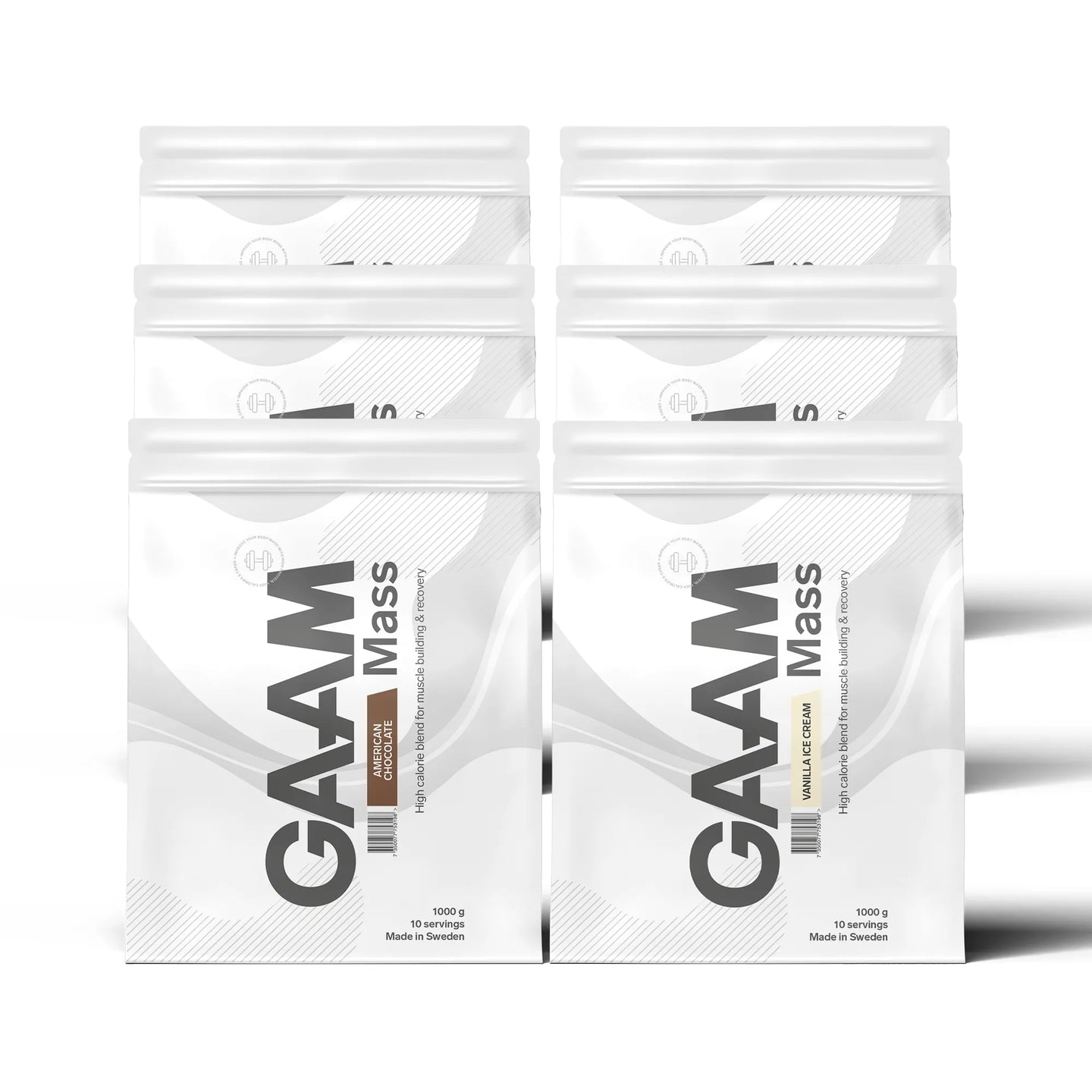 6 x GAAM 100% MASS Premium 1 kg gainer i seks hvite poser med grå detaljer for ulike smaker.