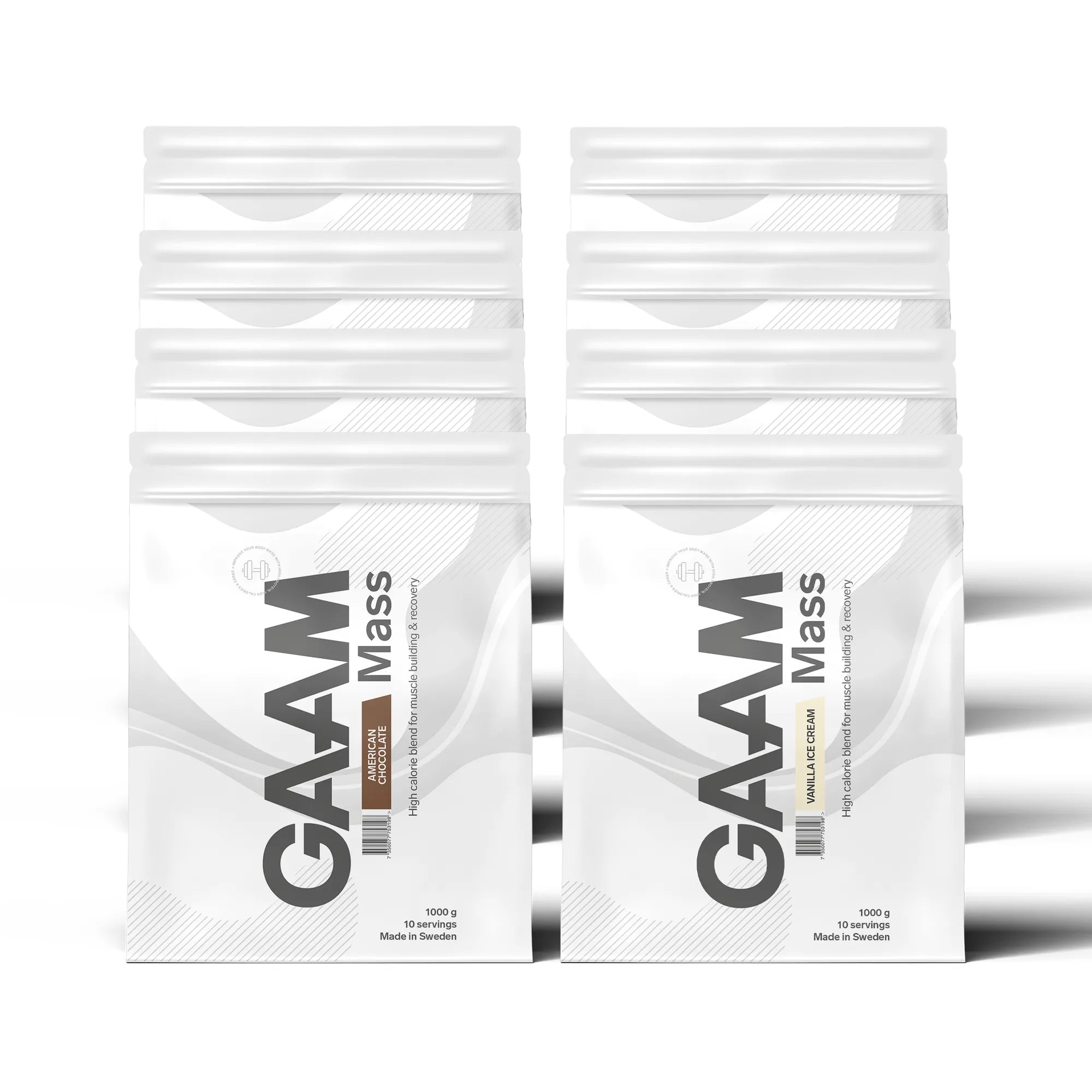 8 x GAAM 100% MASS Premium 1 kg gainer i åtte hvite poser med smakene American Chocolate og Vanilla Ice Cream.