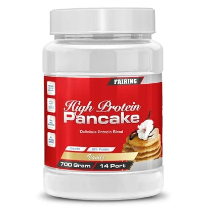 Fairing High Protein Pancake Vanilj, en hvit boks med rød etikett som inneholder 700 g pannekakemiks.
