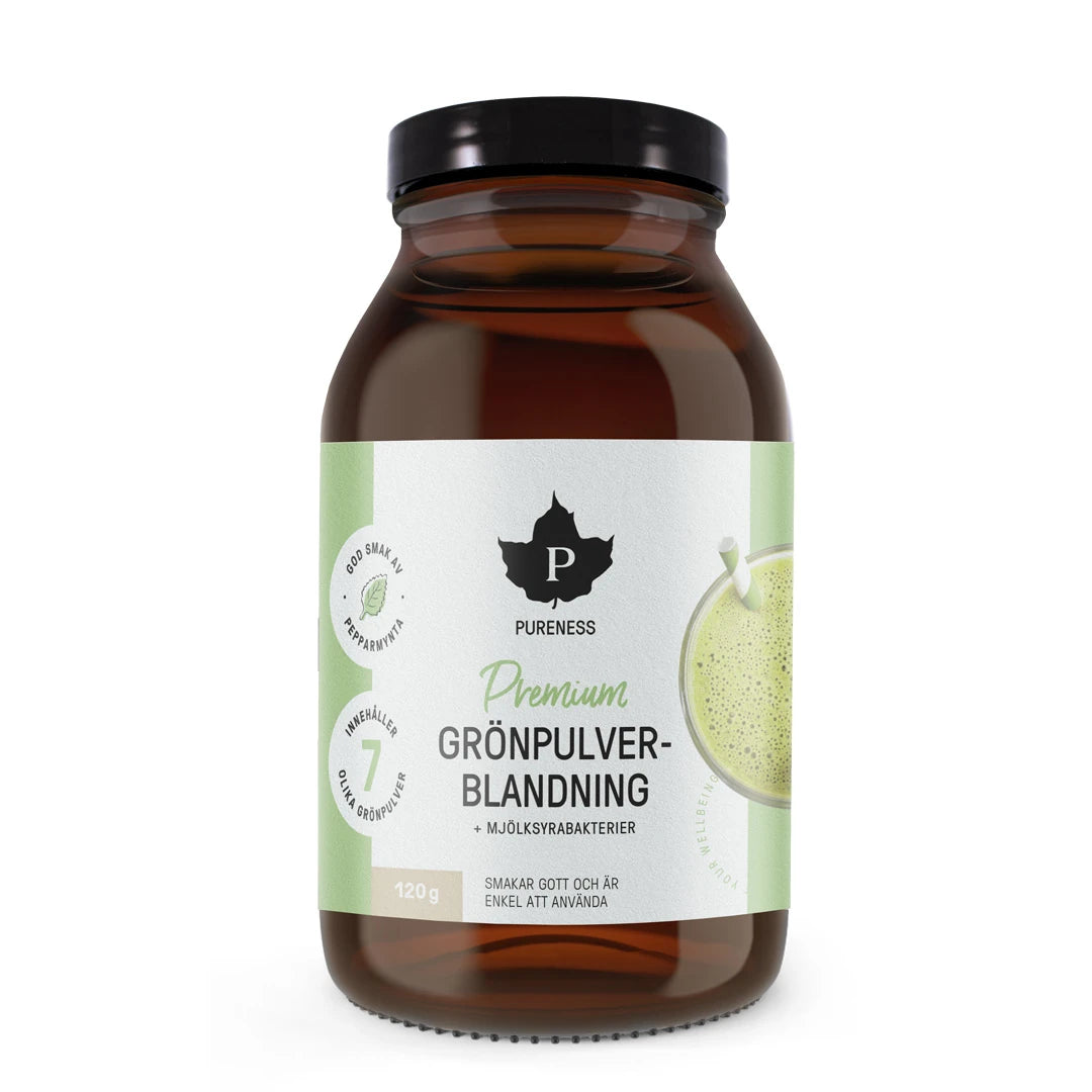 Pureness Grønnpulverblanding + Melkesyrebakterier 120 g i en mørk glasskrukke med grønn og hvit etikett.
