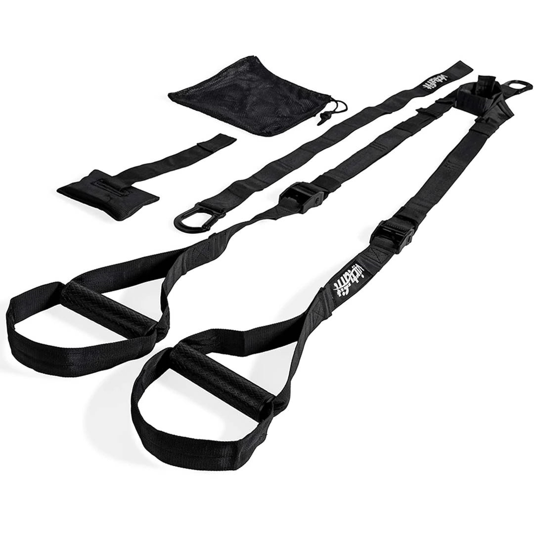 Virtufit Suspension Trainer Pro svarte treningsbånd med håndtak og tilhørende nettingveske.