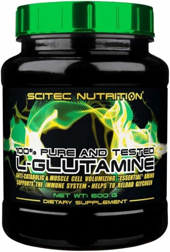 Scitec Nutrition L-Glutamine 300 g i en svart plastboks med grønt lokk og neongrønne detaljer.