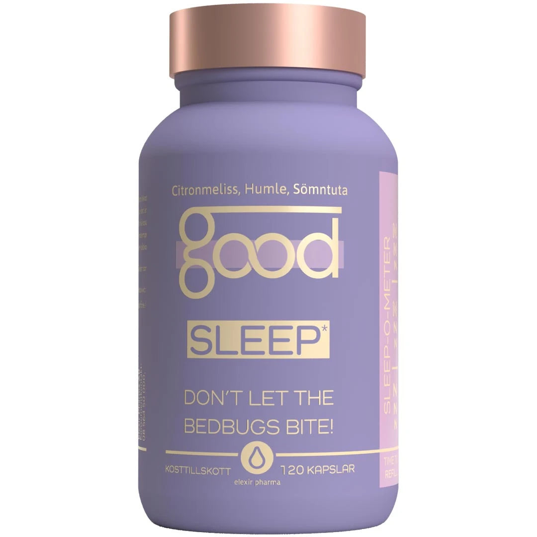 Elexir Pharma Good Sleep 120 caps kosttilskudd for søvnen i en lilla boks med kobberfarget lokk.