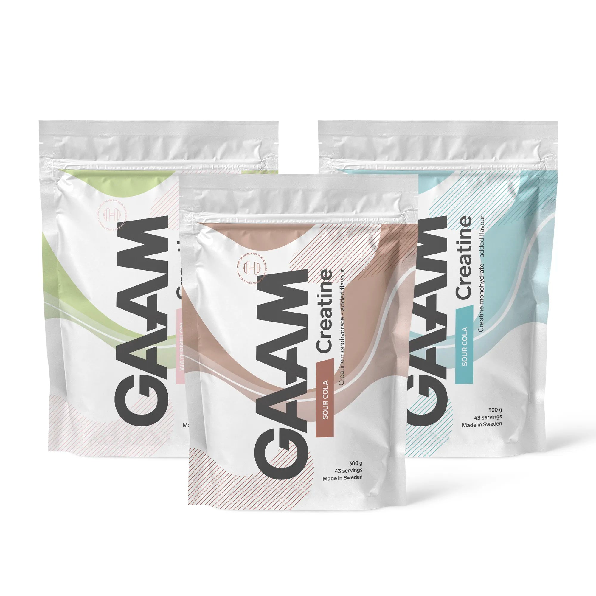 3 x GAAM Creatine 300 g i tre hvite ståposer med brune, grønne og blå detaljer for ulike smaker.