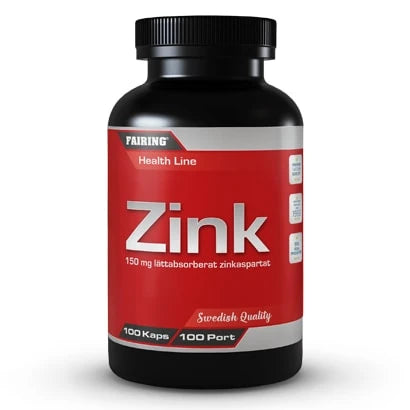 Fairing Zink mineraltilskudd i en svart boks med rød etikett, inneholder 100 kapsler.