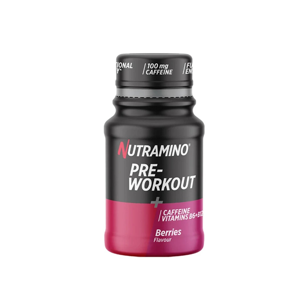 Nutramino +Pro Pre-Workout Shot i en liten svart og rosa flaske for smaken Berries., bilde 1 av 1