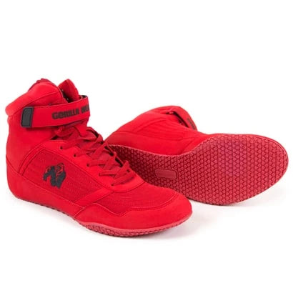 Gorilla Wear High Tops red, røde løftesko med høyt skaft og borrelås der den flate sålen vises., bilde 5 av 12