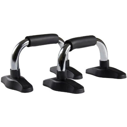 Virtufit Push Up Bars Chrome, to armhevningshåndtak i forkrommet aluminium med behagelige svarte grep og svarte føtter.